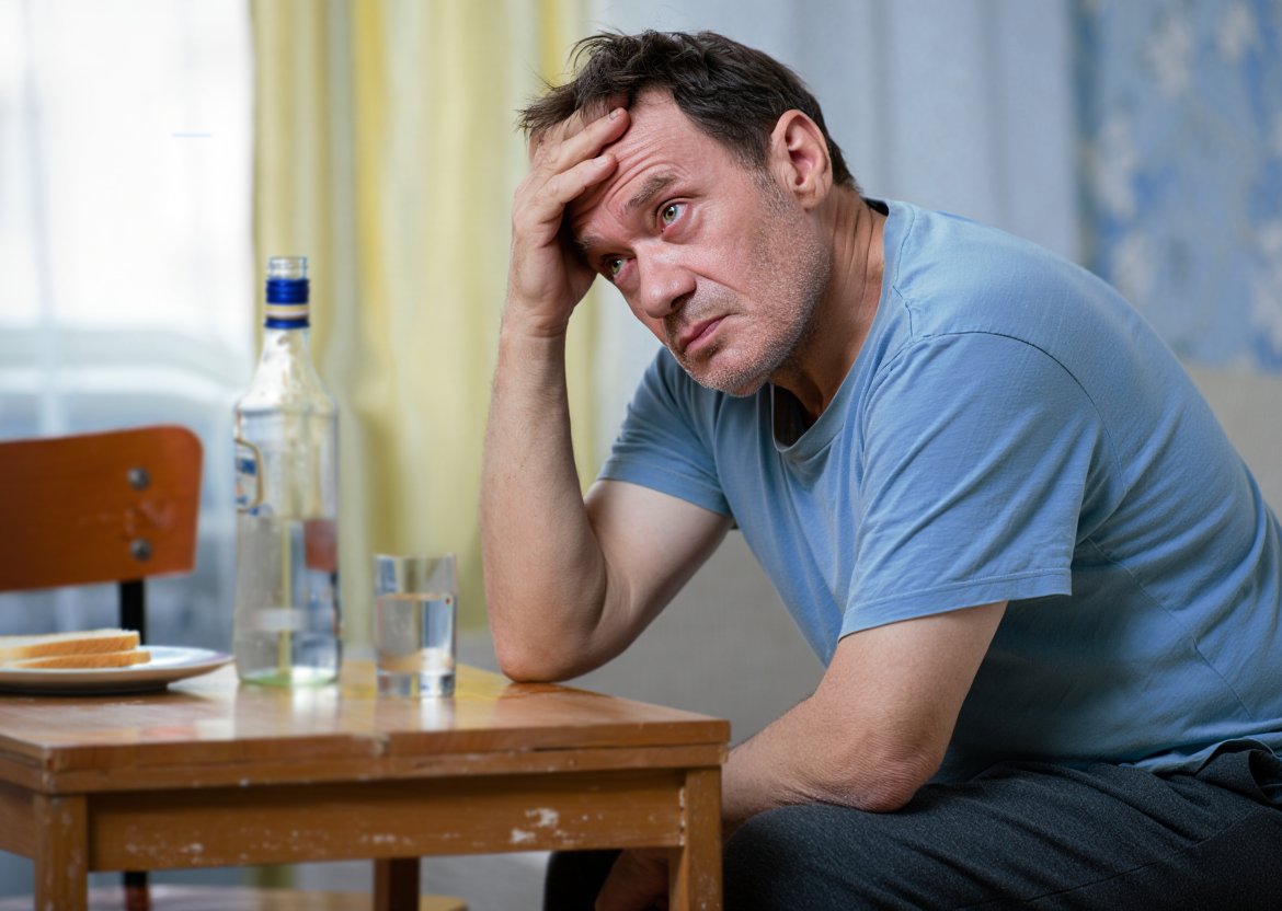 Мужчина держится за голову перед бутылкой водки